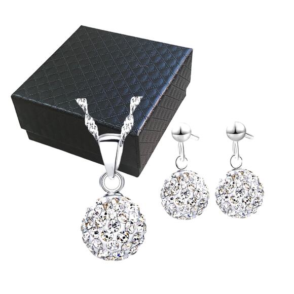 White Crystal Rhinestone Gemstone Birthstone Ball Necklace & Drop Earrings Set - Picture 1 of 5